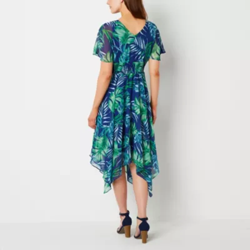 Rabbit Design Womens Short Sleeve Floral Midi Fit + Flare Dress
