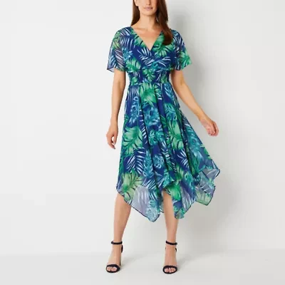 Rabbit Design Womens Short Sleeve Floral Midi Fit + Flare Dress
