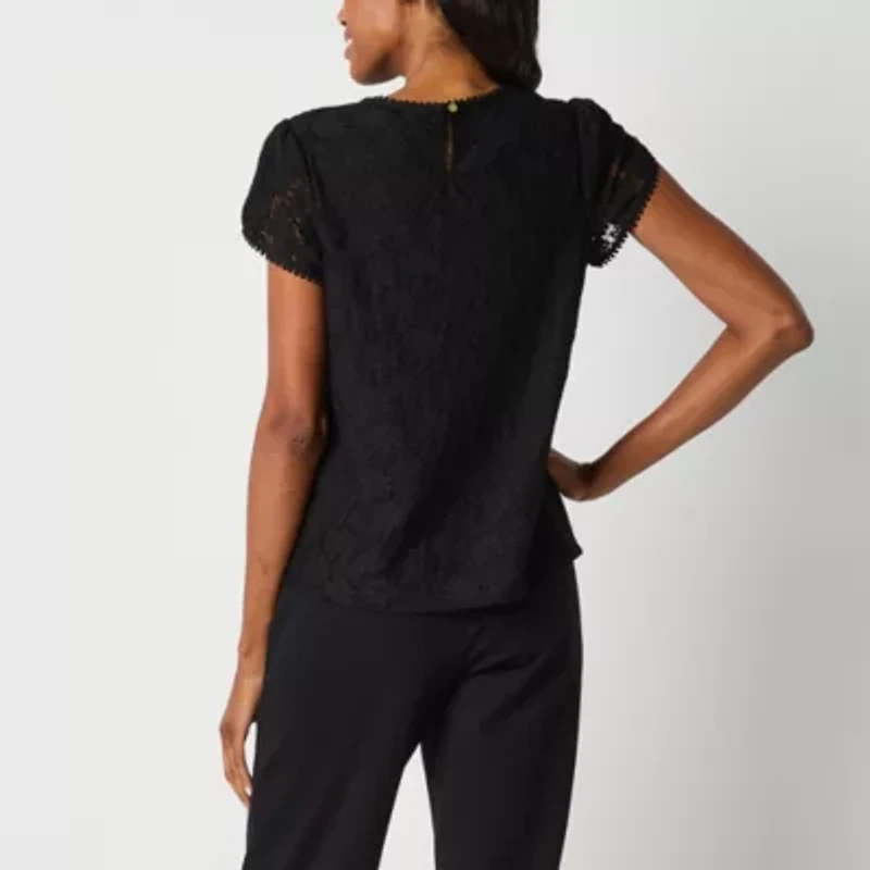 Liz Claiborne Womens Crew Neck Short Sleeve Lace Blouse