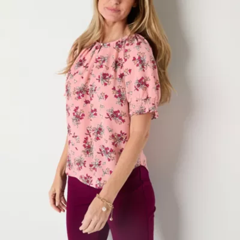 Liz Claiborne Womens Keyhole Neck Short Sleeve Blouse