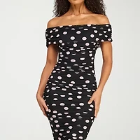 Premier Amour Womens Short Sleeve Off The Shoulder Midi Polka Dot Sheath Dress
