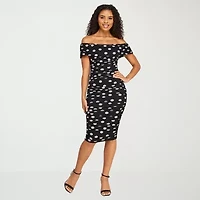 Premier Amour Womens Short Sleeve Off The Shoulder Midi Polka Dot Sheath Dress