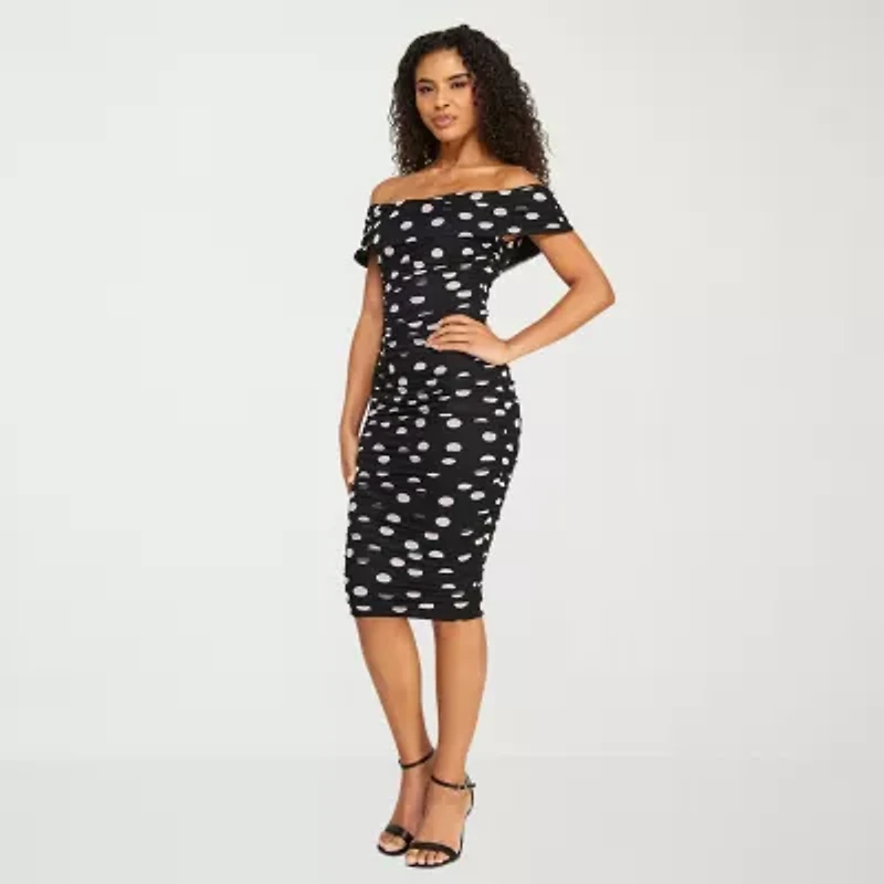 Premier Amour Womens Short Sleeve Off The Shoulder Midi Polka Dot Sheath Dress