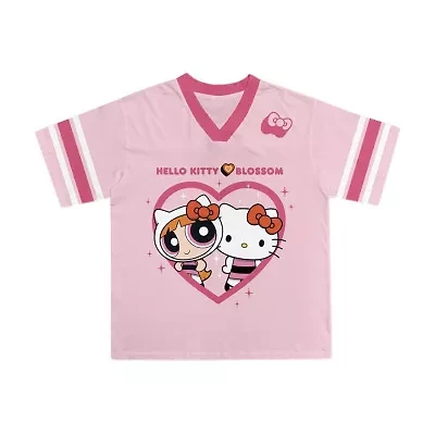 Jersey Little & Big Kid Girls V Neck Hello Kitty Powerpuff Short Sleeve