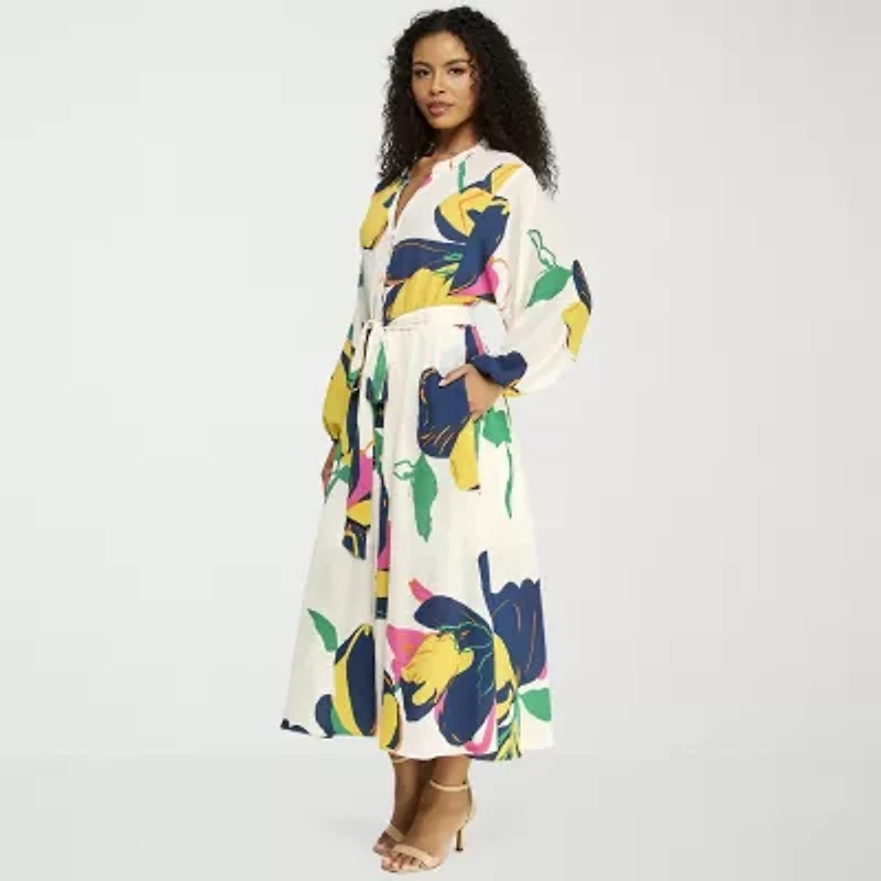 Premier Amour Womens Long Sleeve Floral Midi Fit + Flare Dress