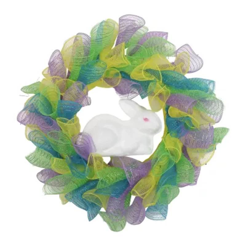 Northlight 24" Pastel Deco Mesh Ribbon Bunny Wreath
