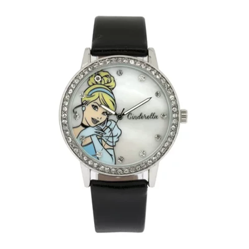 Disney Cinderella Womens Crystal-Accent Black Strap Watch
