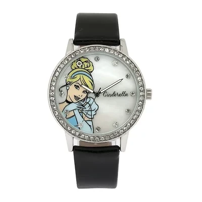 Disney Cinderella Womens Crystal-Accent Black Strap Watch