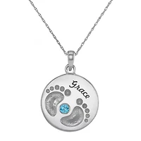 Personalized 14K White Gold Name and Birthstone Footprints Pendant Necklace