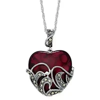 Marcasite and Red Stone Sterling Silver Heart Pendant Necklace