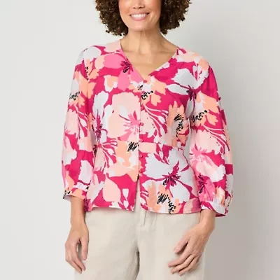 Liz Claiborne Womens V Neck 3/4 Sleeve Peplum Top