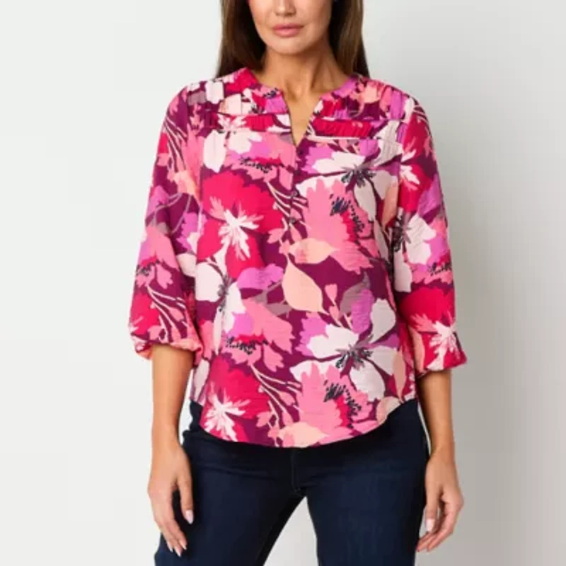 Liz Claiborne Womens Split Crew Neck 3/4 Sleeve Blouse