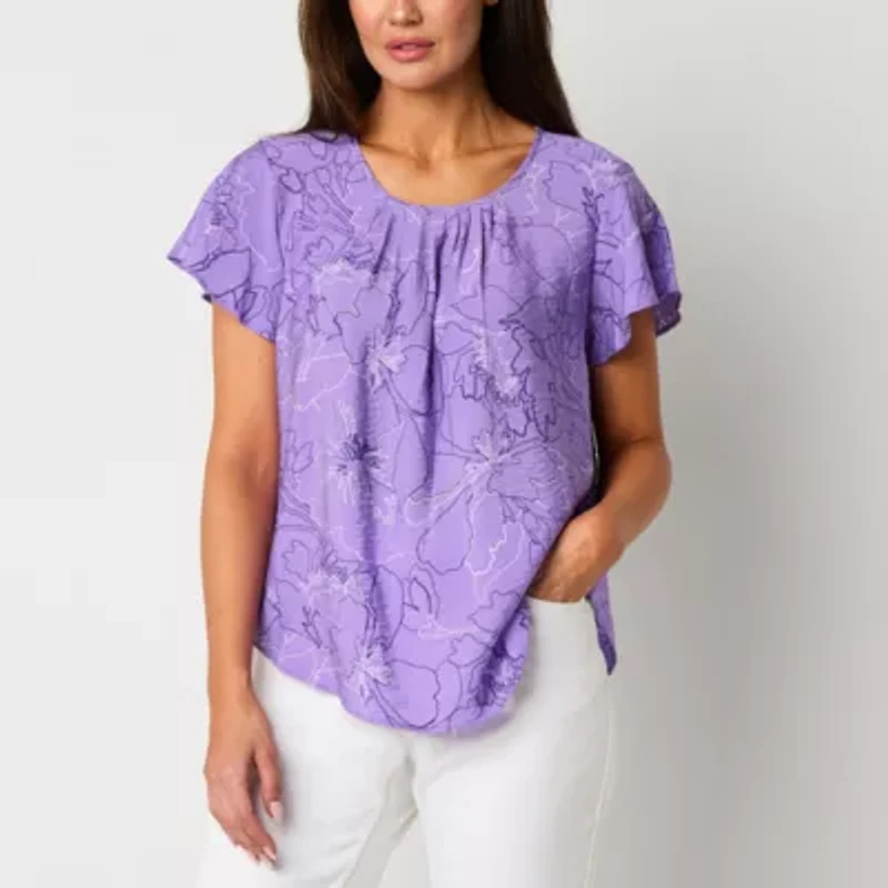 Liz Claiborne Womens Scoop Neck Short Sleeve Blouse