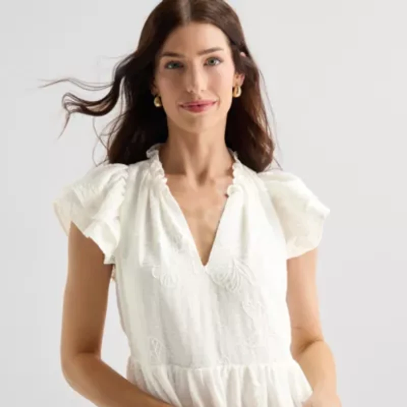 Willow Glenn Womens Short Sleeve Embroidered Babydoll Dress