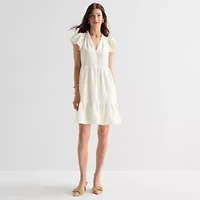 Willow Glenn Womens Short Sleeve Embroidered Babydoll Dress