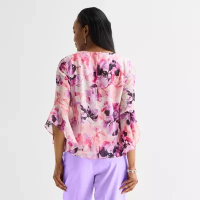 Black Label by Evan-Picone Womens Crew Neck 3/4 Sleeve Blouse