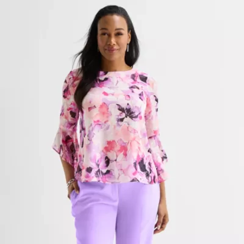 Black Label by Evan-Picone Womens Crew Neck 3/4 Sleeve Blouse