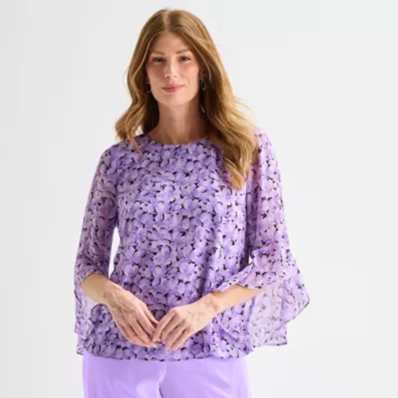 Black Label by Evan-Picone Womens Round Neck 3/4 Sleeve Blouse