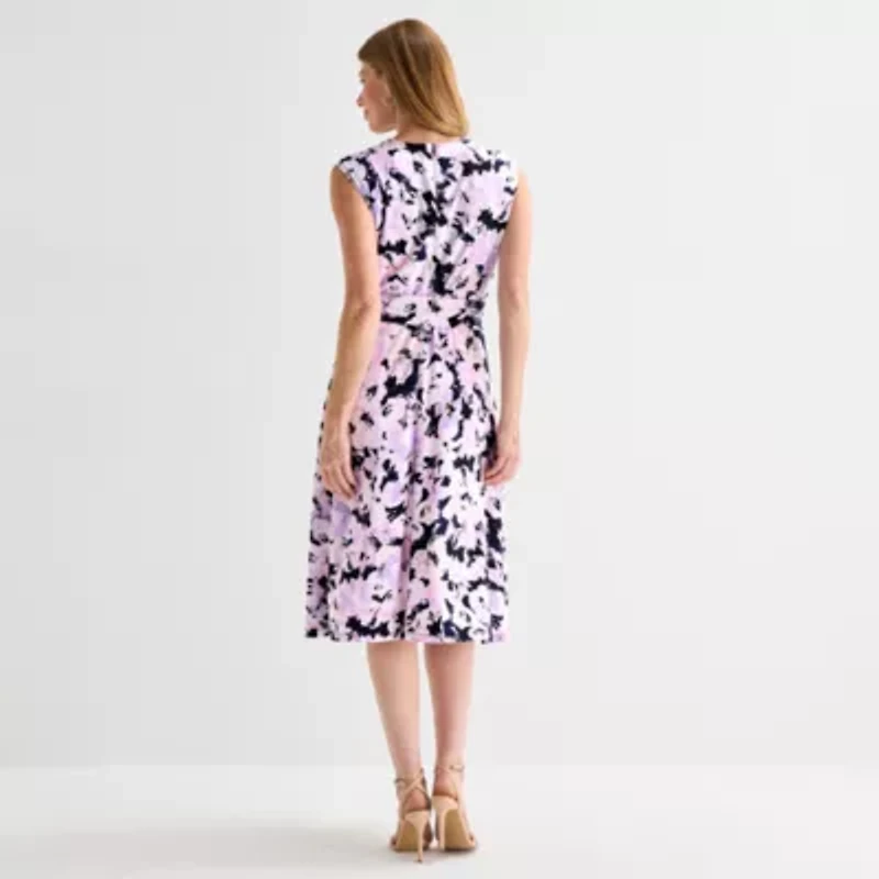 Black Label by Evan-Picone Womens Short Sleeve Floral Midi Fit + Flare Dress