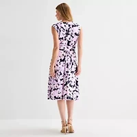 Black Label by Evan-Picone Womens Short Sleeve Floral Midi Fit + Flare Dress