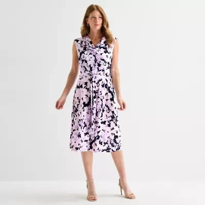 Black Label by Evan-Picone Womens Short Sleeve Floral Midi Fit + Flare Dress