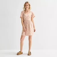 Hurley Womens Juniors Short Sleeve Floral Fit + Flare Dress