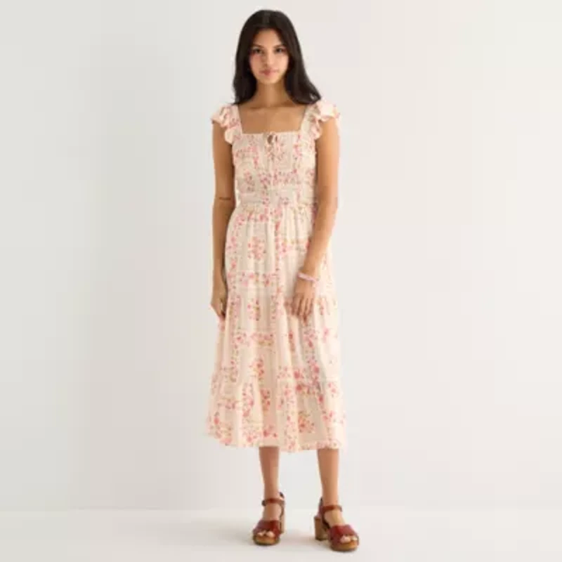 Arizona Womens Juniors Midi Peasant Dress