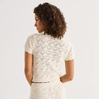 Arizona Womens V Neck Short Sleeve Button Juniors Cardigan