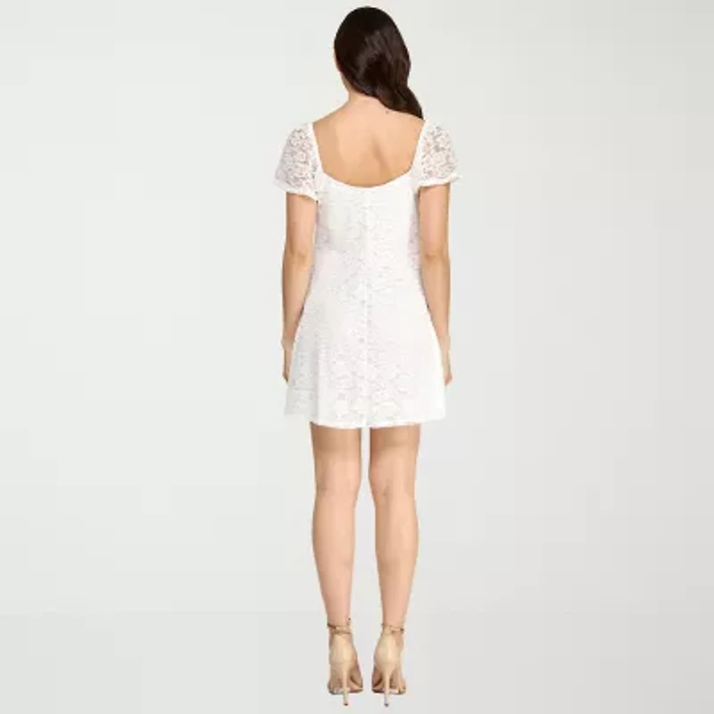 City Triangle Womens Juniors Short Sleeve Lace Fit + Flare Dress