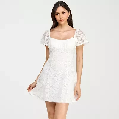 City Triangle Womens Juniors Short Sleeve Lace Fit + Flare Dress