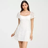 City Triangle Womens Juniors Short Sleeve Lace Fit + Flare Dress