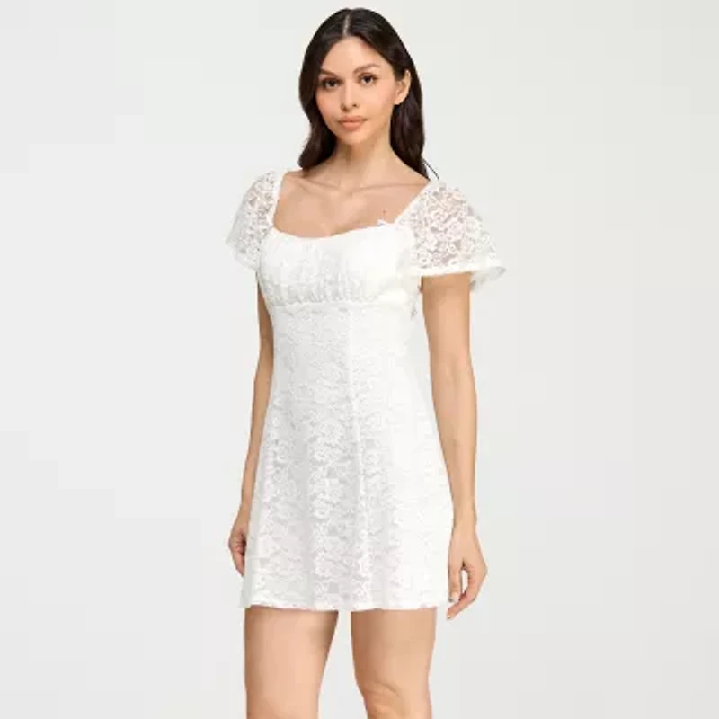 City Triangle Womens Juniors Short Sleeve Lace Fit + Flare Dress