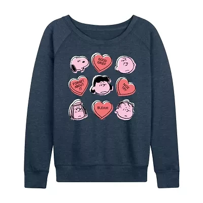 Candy Heart Grid Womens Boat Neck Long Sleeve Classic Fit Peanuts Graphic T-Shirt