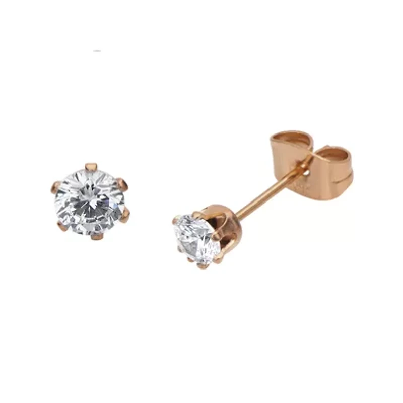 Cubic Zirconia 3mm Stainless Steel and Rose-Tone IP Stud Earrings