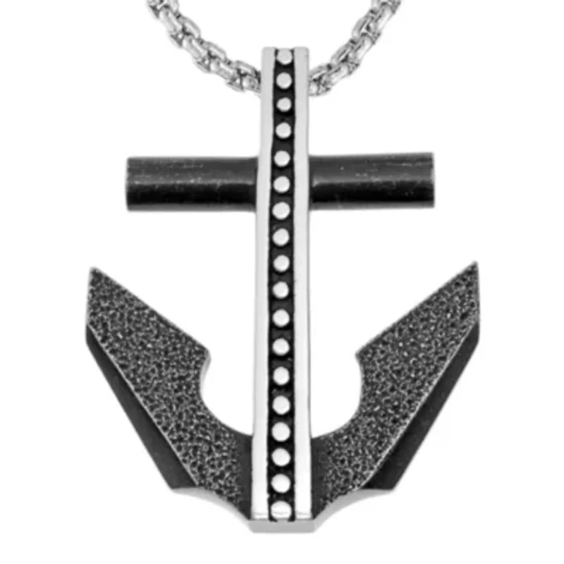 Mens Black IP Stainless Steel Anchor Pendant Necklace