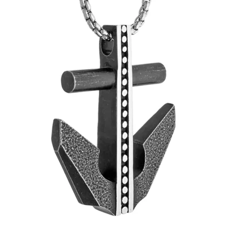 Mens Black IP Stainless Steel Anchor Pendant Necklace
