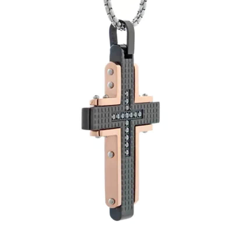 Mens Cubic Zirconia Black Stainless Steel and Rose IP Textured Cross Pendant Necklace