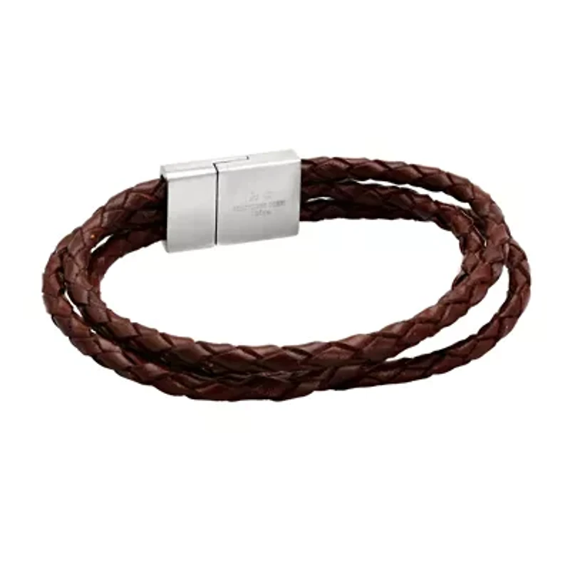 Mens Brown Leather and Stainless Steel Bracelet
