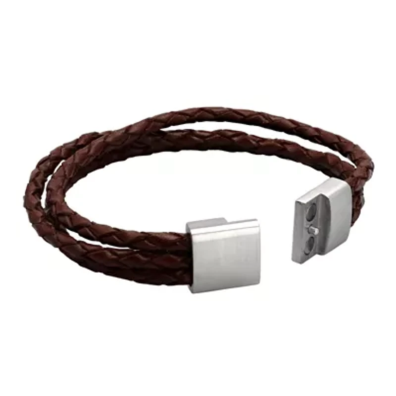 Mens Brown Leather Stainless Steel Bracelet
