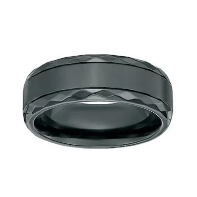 Mens Black Zirconium Band Ring with Diamond Texture