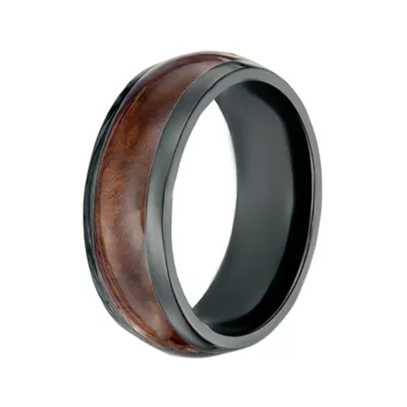 Mens Black Zirconium Band Ring with Wood Inlay