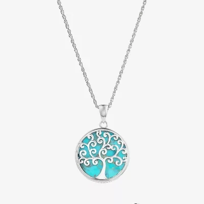 Tree Of Life Womens Blue Turquoise Sterling Silver Round 18 Inch Pendant Necklace