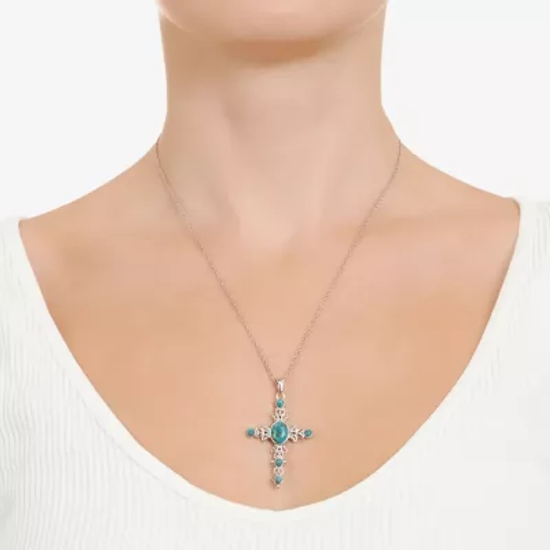 Womens Blue Turquoise Sterling Silver Cross 18 Inch Pendant Necklace