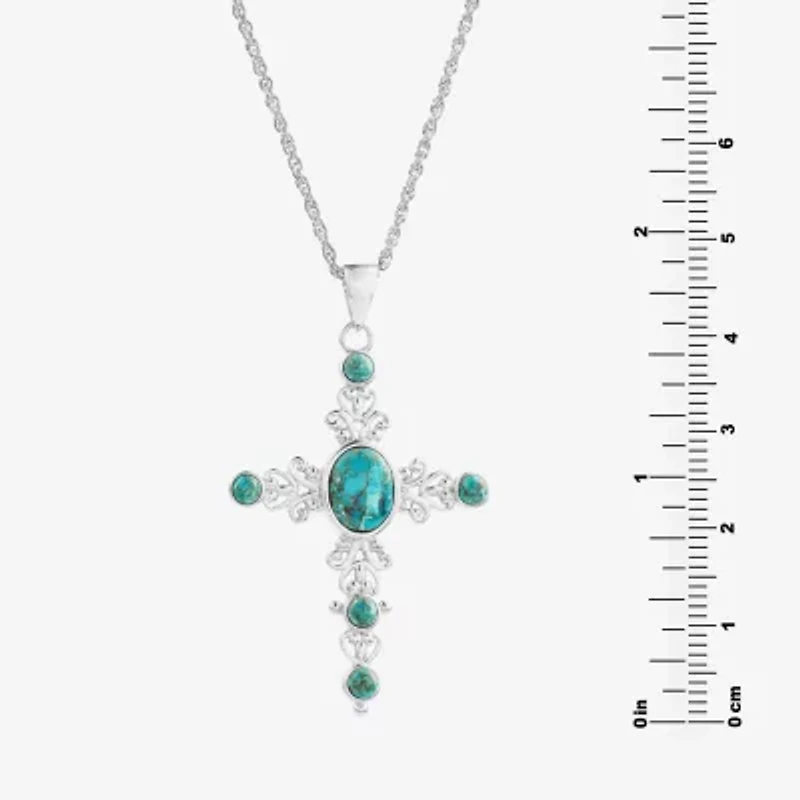Womens Blue Turquoise Sterling Silver Cross 18 Inch Pendant Necklace