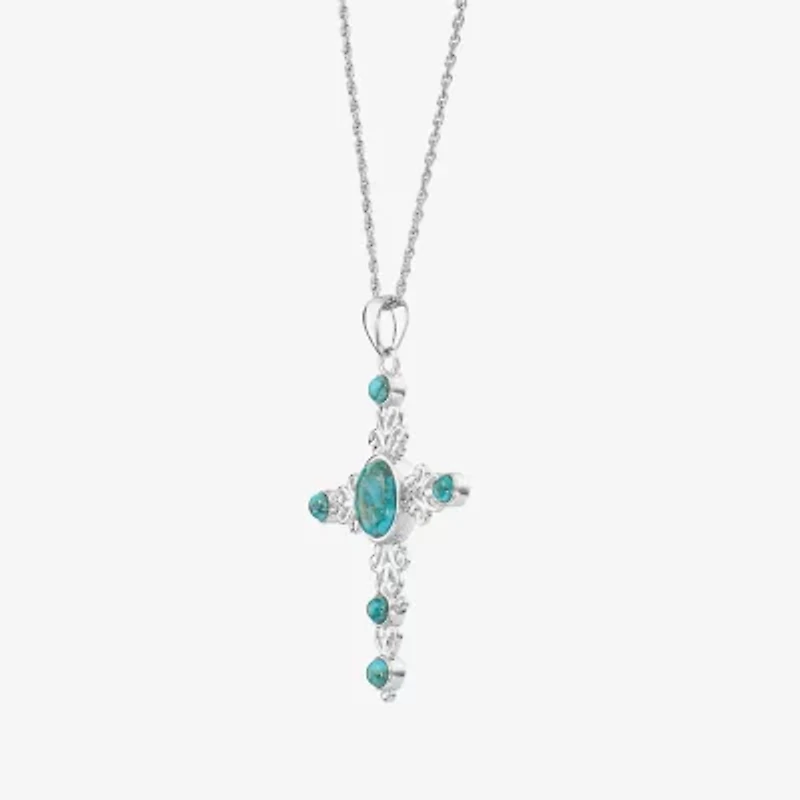 Womens Blue Turquoise Sterling Silver Cross 18 Inch Pendant Necklace