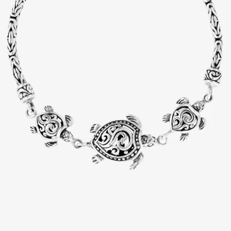 Bali Inspired Turtle Womens Sterling Silver Charm Bracelet