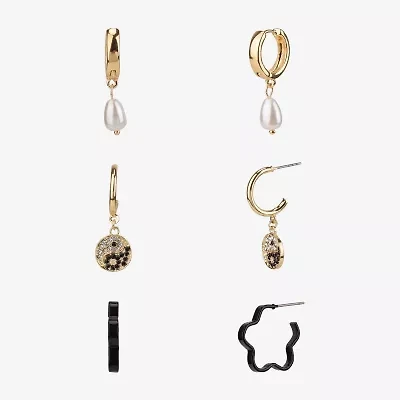 Arizona Gold Tone Womens Simulated Pearl Yin Yang 3 Pair Earring Set