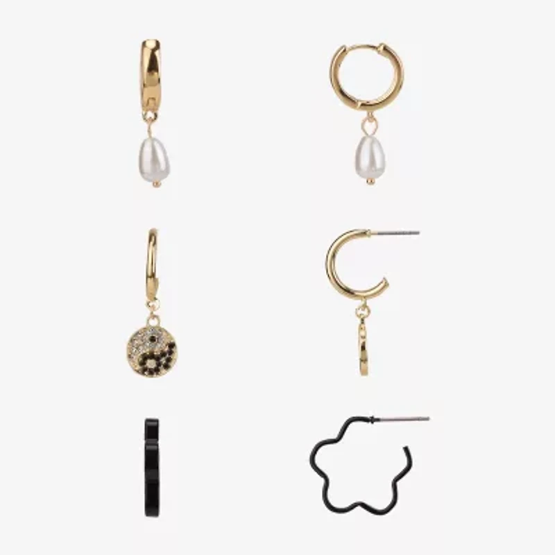 Arizona Gold Tone Womens Simulated Pearl Yin Yang 3 Pair Earring Set