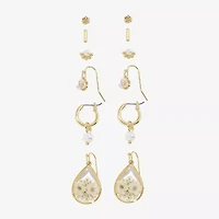 Arizona Gold Tone Stud Huggie & Drop Womens Flower 6 Pair Earring Set