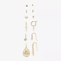 Arizona Gold Tone Stud Huggie & Drop Womens Flower 6 Pair Earring Set